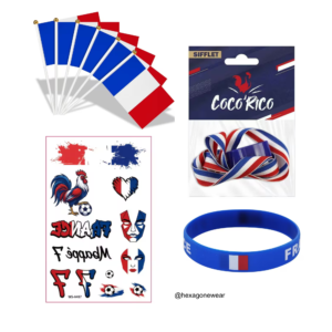 Starter Pack supporter : 6 pièces drapeaux français, 1 sifflet, 1 bracelet et 1 planche de tatouage à l'eau.